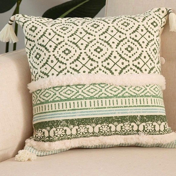 BLUE PAGE Modern Moroccan Tufted Boho Textured Pillow Cover Ivory Blue Green - Picture 1 of 8
